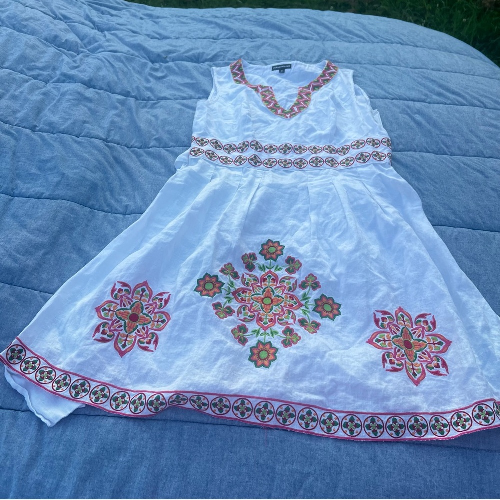 Warehouse White Linen Multicolor Bohemian Embroidery Sleeveless Dress Size 10